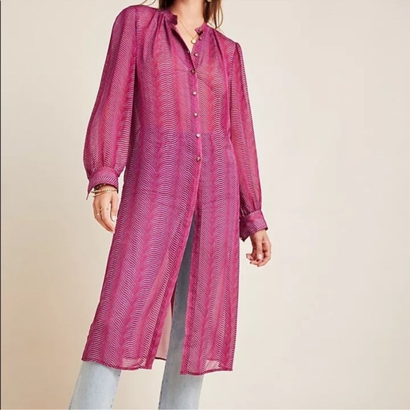 Anthropologie Maeve Imogen Long Sheer Button Front Tunic Top Size 6 - Picture 2 of 14
